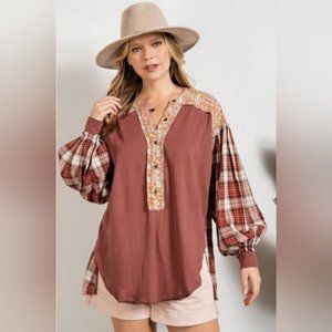 Easel Mixed Floral And Plaid Print Cotton Top